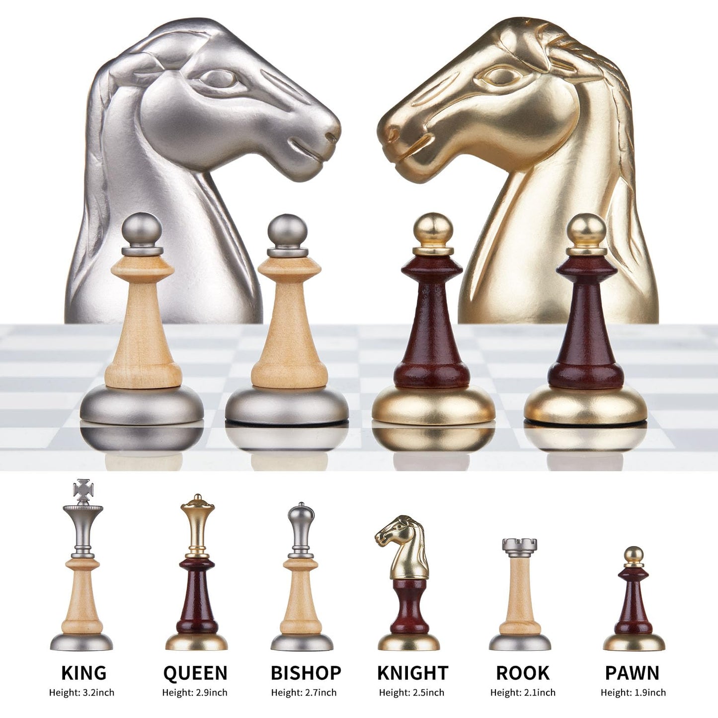AMEROUS 16 Inches Wooden Chess Set, Large Size Board with 2 Built-in Storage Drawers - 2 Extra Queens - Metallic & Wooden Chess Pieces - Gift Packaging, Board Games for Adults and Kids