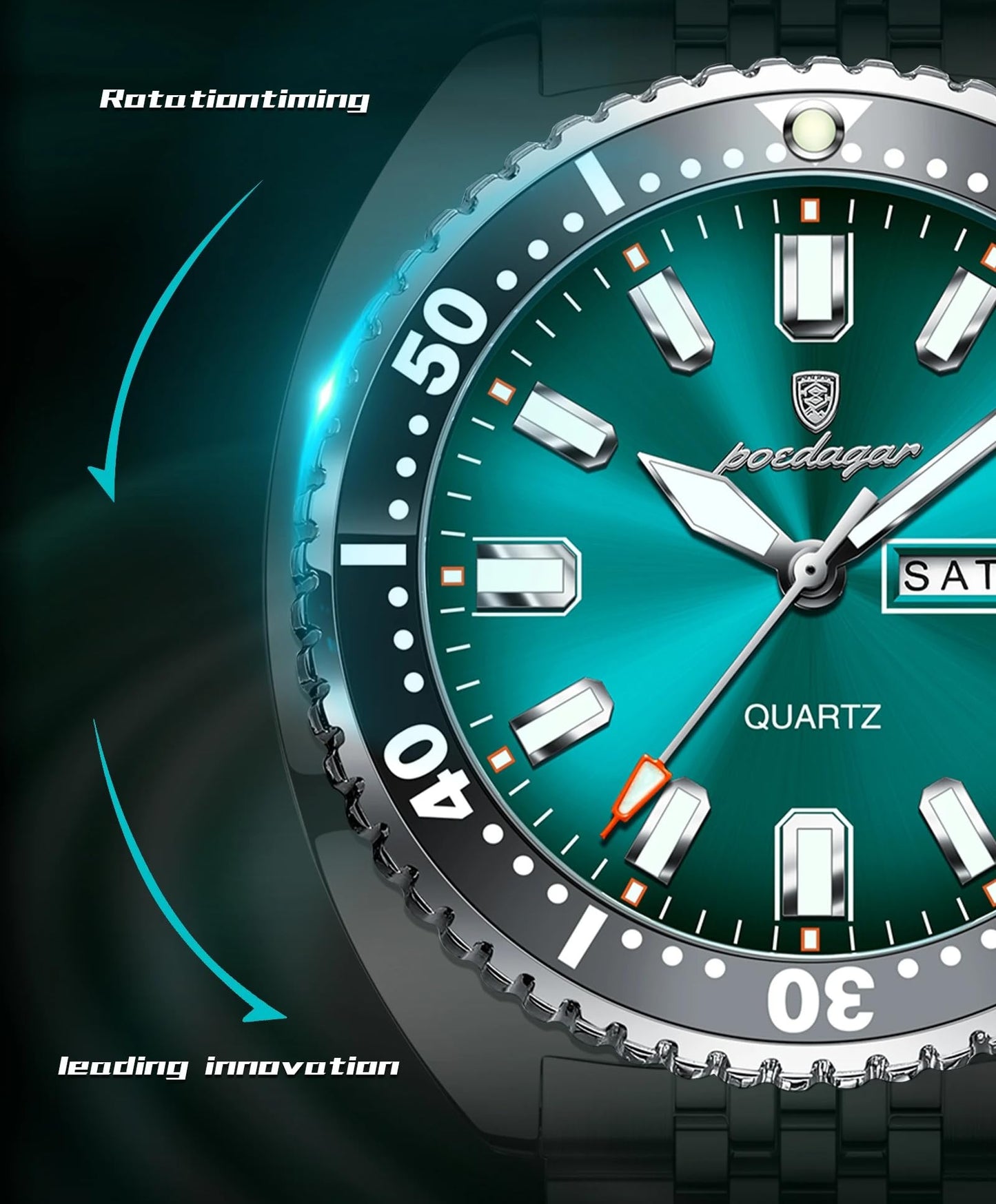 Poedagar Business Men Watch Date Week Waterproof Luminous Luxury Man Wristwatch Sports Stainless Steel Men's Fashion Quartz Watches Male (Silver Green)