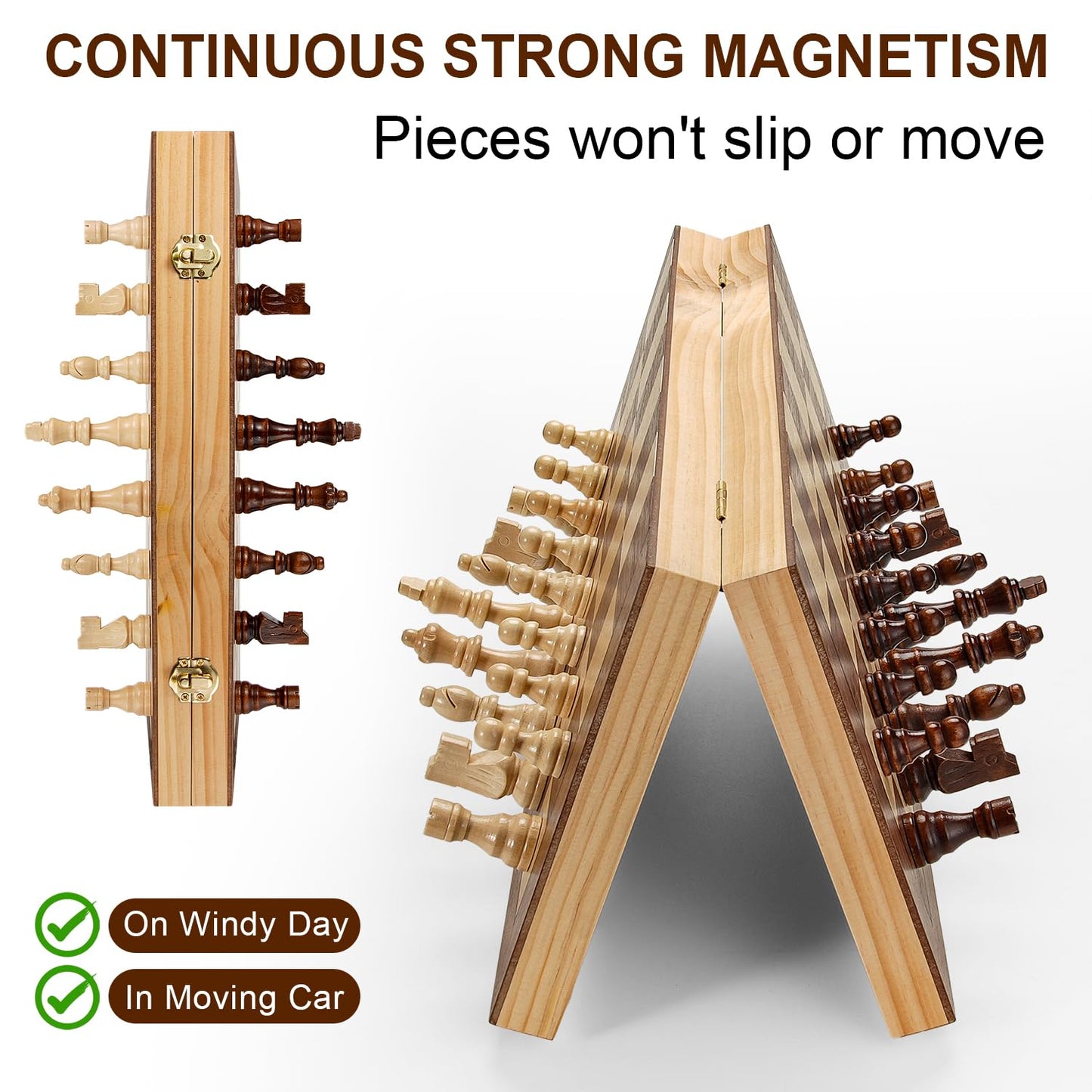 Magnetic Chess Board Set for Adults & Kids, 15" Wooden Folding Chess Boards, Handcrafted Portable Travel Chess Game with Pieces Storage Slots