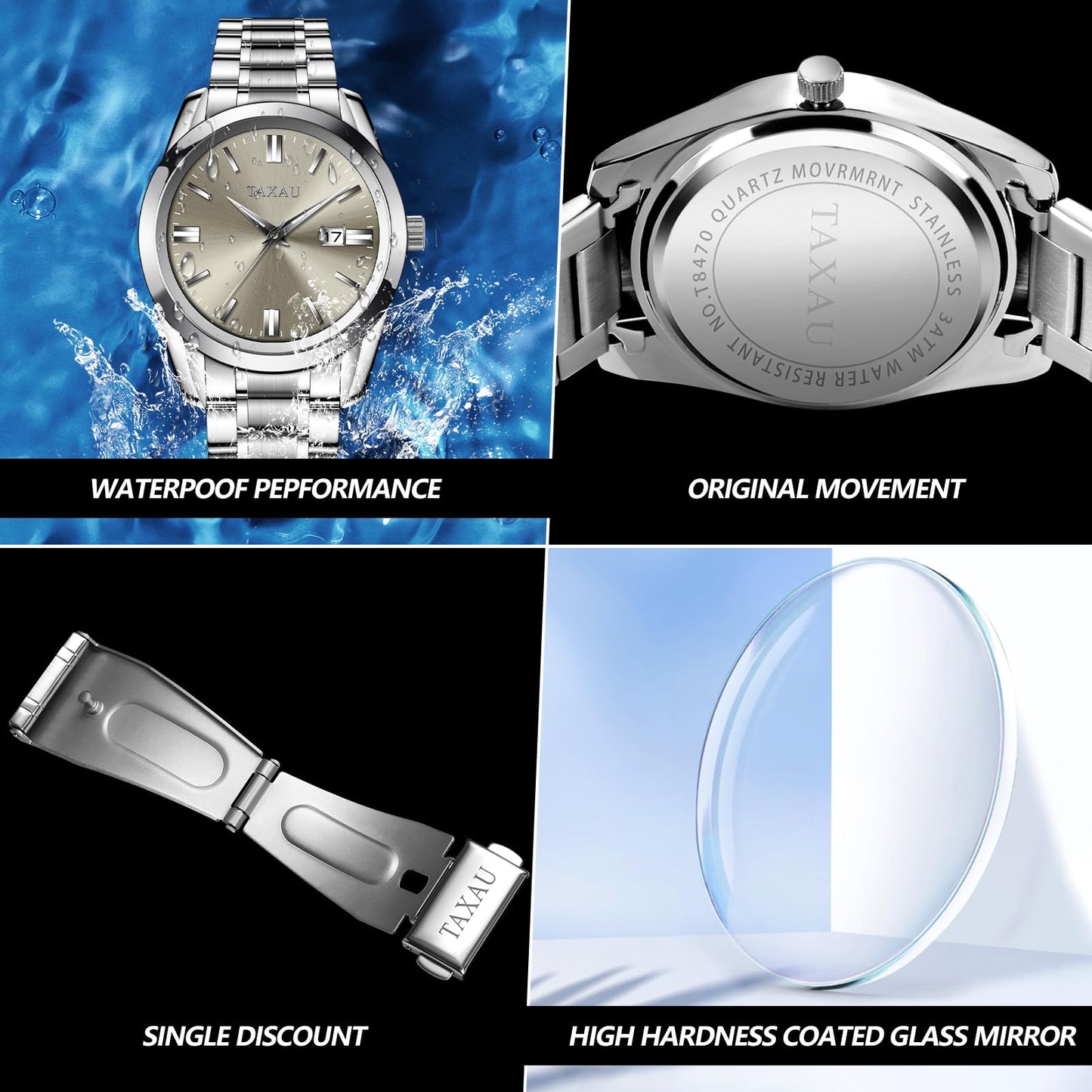 Taxau Watches for Men Luxury Simple Easy Read Grey Large Face Men’s Wrist Watches Classic Fashion Silver Stainless Steel Waterproof Mens Watch Fancy Casual Dress Quartz Analog Watch Reloj para Hombre