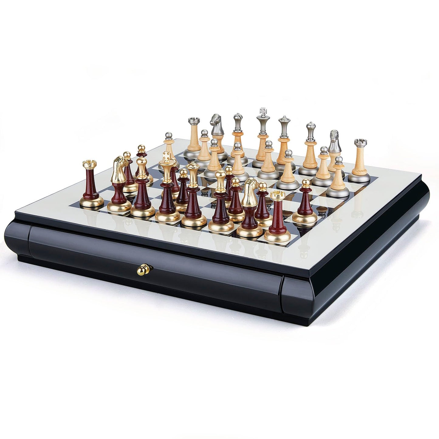 AMEROUS 16 Inches Wooden Chess Set, Large Size Board with 2 Built-in Storage Drawers - 2 Extra Queens - Metallic & Wooden Chess Pieces - Gift Packaging, Board Games for Adults and Kids