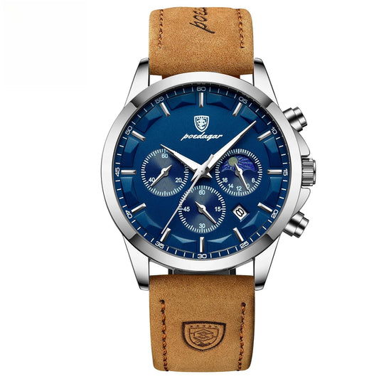 Poedagar Sports Classic Men Quartz Watch Waterproof Chronograph Luminous Date Fashion Man Wristwatch Business Leather Men's Watches Clock (Silver Blue)