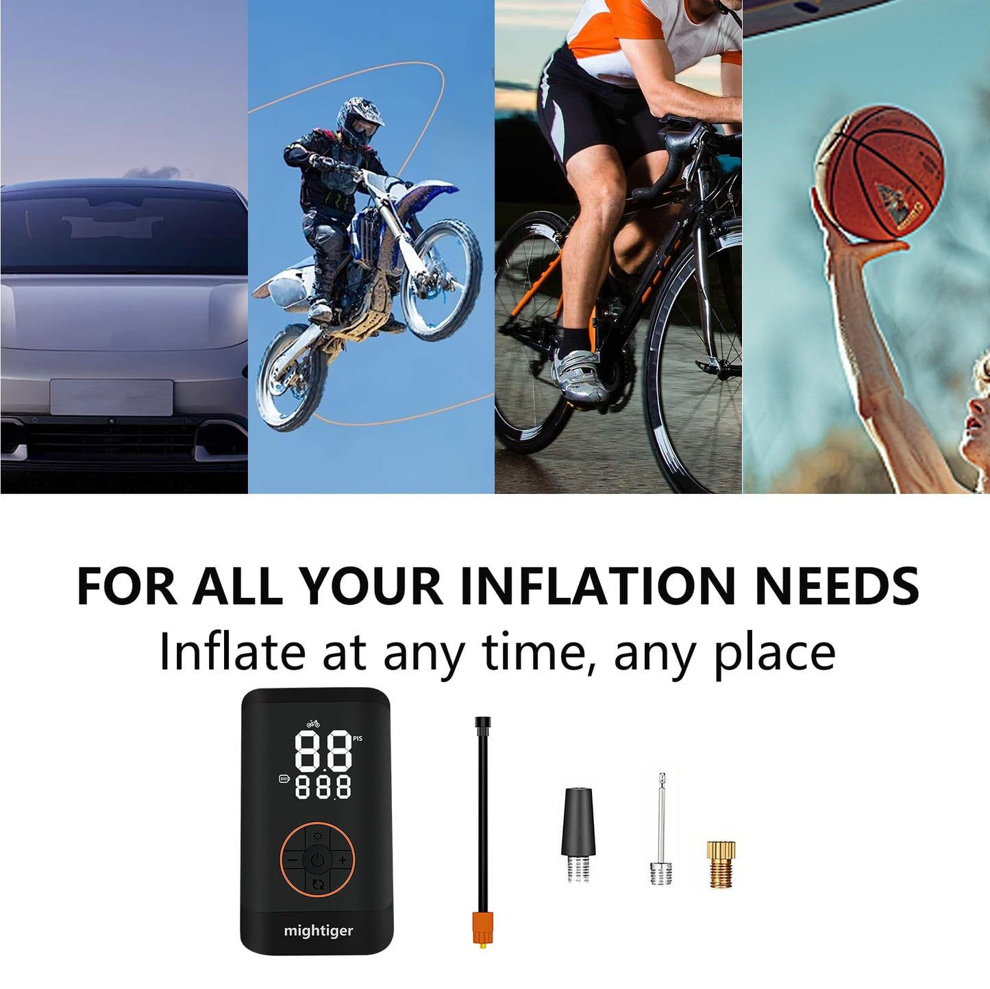 MIGHTIGER Tire Inflator Portable Air Compressor Cordless Mini Air Pump with Digital Pressure Gauge 150PSI 12V DC/110V AC and Auto Shutoff SOS Light Tires Pump for Cars Motorcycles Bikes Balls