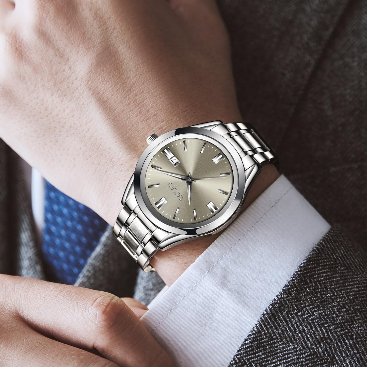 Taxau Watches for Men Luxury Simple Easy Read Grey Large Face Men’s Wrist Watches Classic Fashion Silver Stainless Steel Waterproof Mens Watch Fancy Casual Dress Quartz Analog Watch Reloj para Hombre