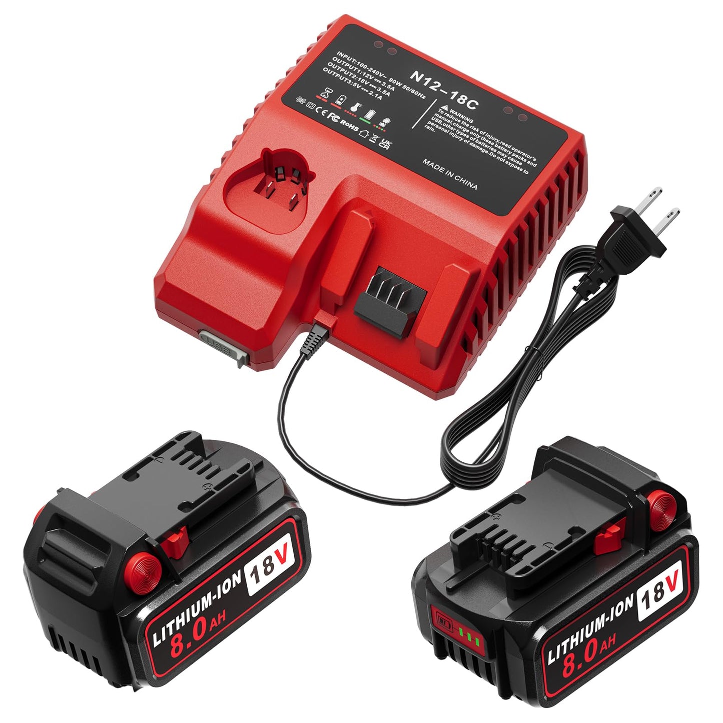PercooAir 48-11-1862 Replacement Battery for Milwaukee m18 Starter Kit with 2 Pack 8.0Ah Battery and Charger,Red