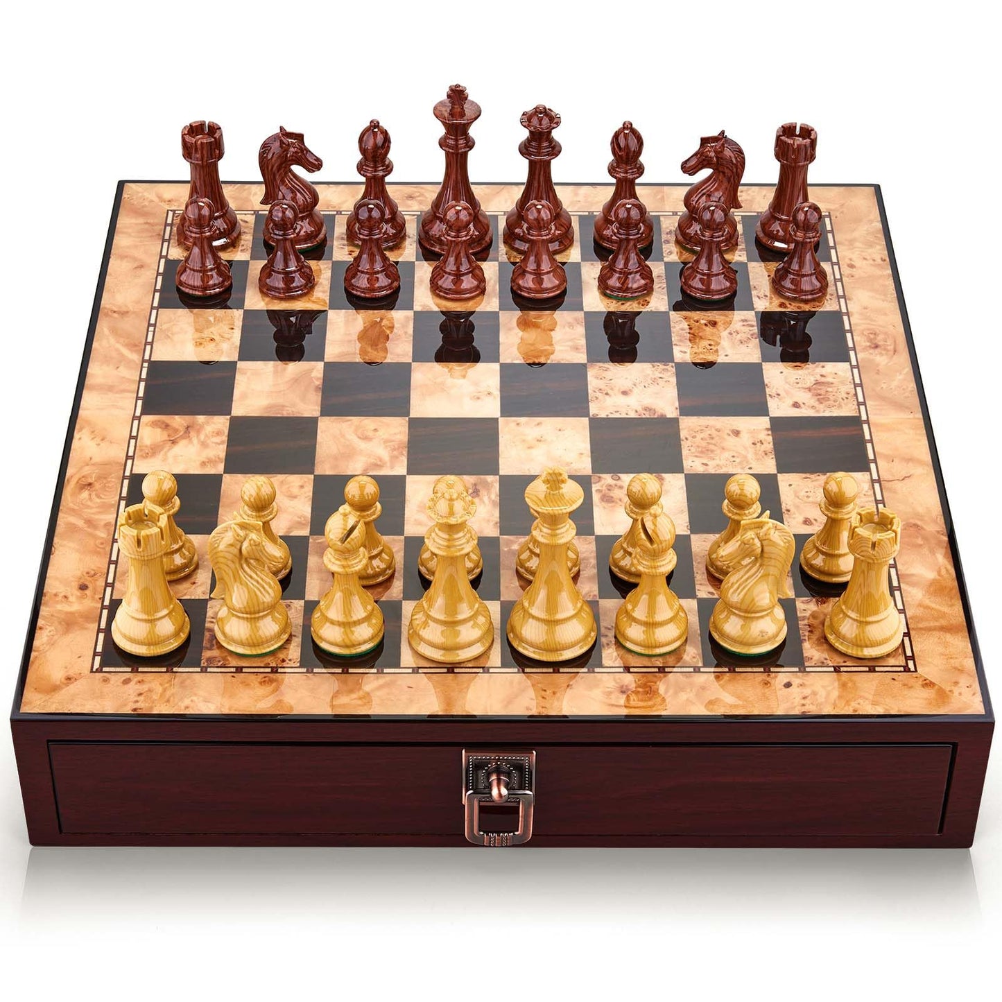 AMEROUS 17 inches Wooden Chess Set with High Polymer Weighted Chess Pieces / 2 Built-in Storage Drawers / 2 Extra Queens / 3.75'' King, Classic Board Game