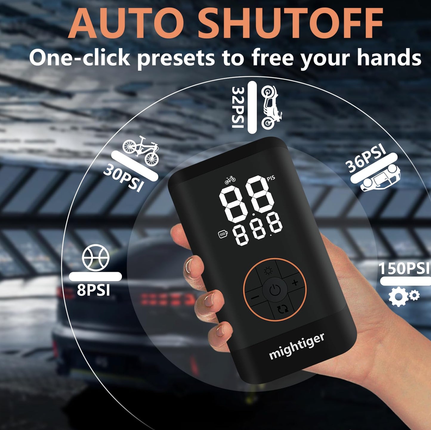 MIGHTIGER Tire Inflator Portable Air Compressor Cordless Mini Air Pump with Digital Pressure Gauge 150PSI 12V DC/110V AC and Auto Shutoff SOS Light Tires Pump for Cars Motorcycles Bikes Balls