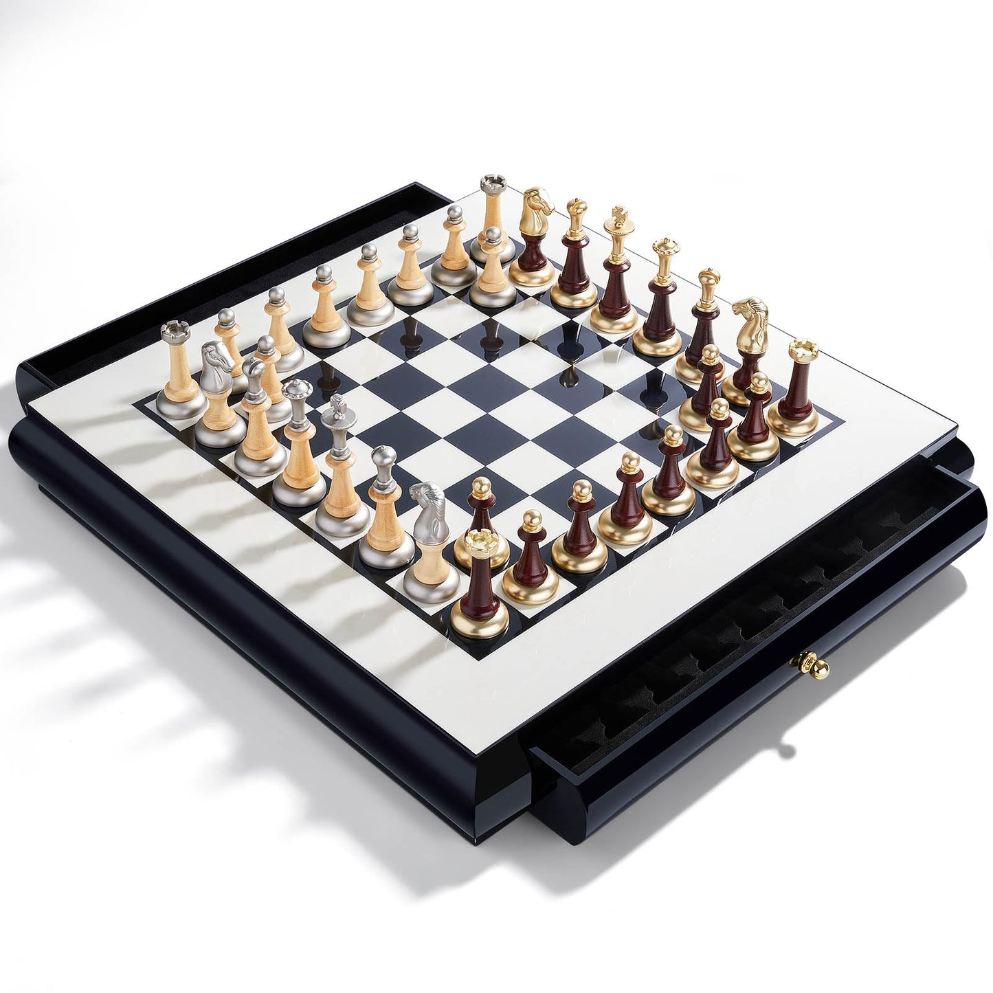 AMEROUS 16 Inches Wooden Chess Set, Large Size Board with 2 Built-in Storage Drawers - 2 Extra Queens - Metallic & Wooden Chess Pieces - Gift Packaging, Board Games for Adults and Kids