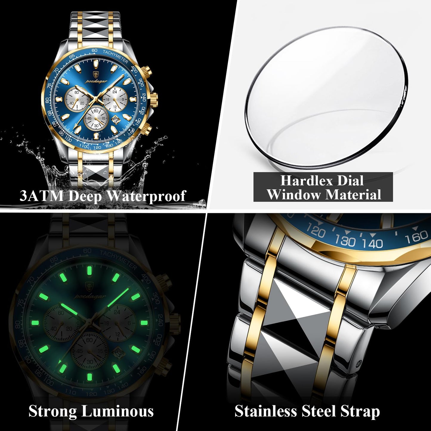 Poedagar Fashion Men's Luxury Watches Waterproof Luminous Date Chronograph Watch for Man Stainless Steel Sports Quartz Men Watch (Golden Black)
