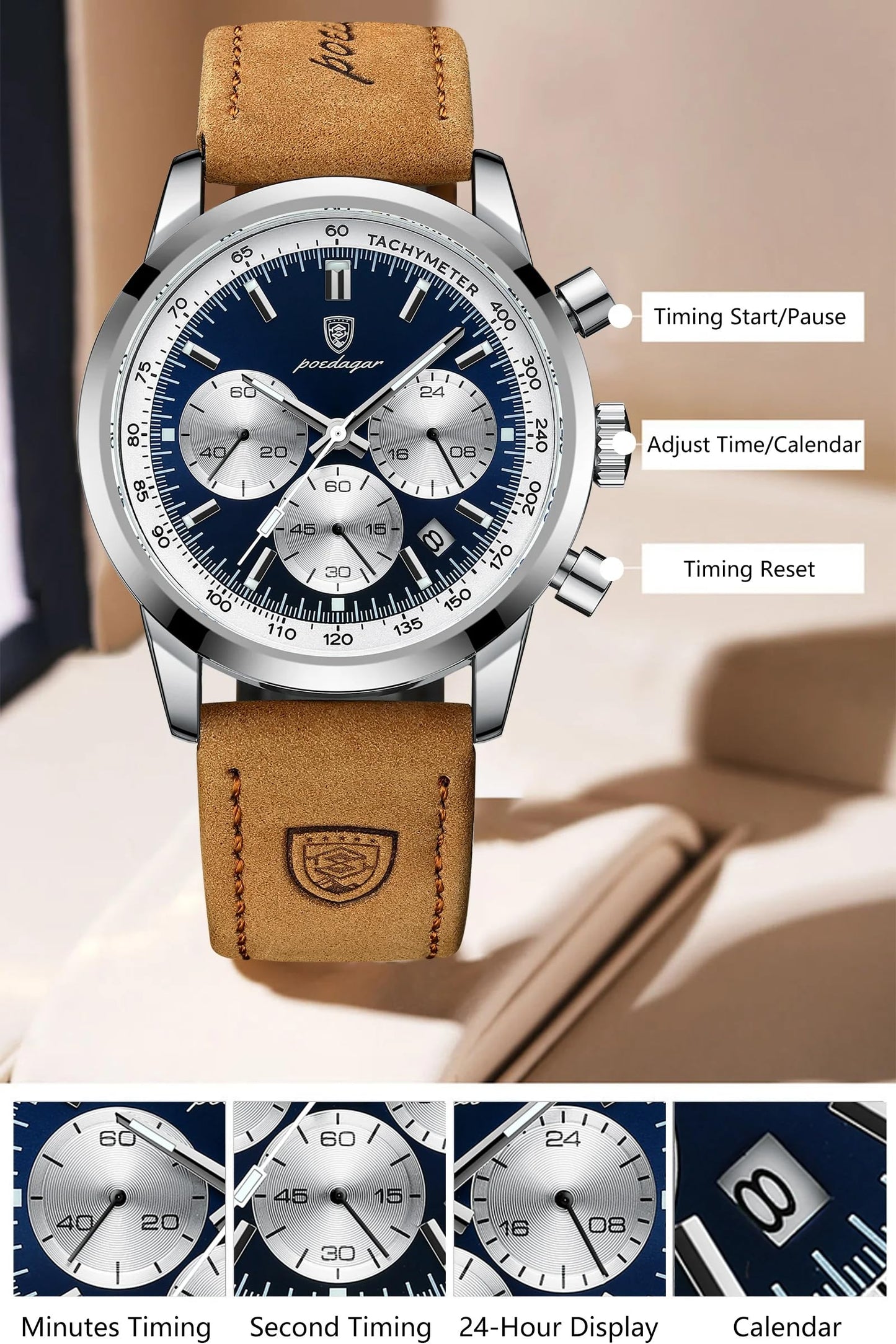 Poedagar Man Watch Waterproof Chronograph Luxury Luminous Date Wristwatch for Men Quartz Leather Fashion Business Classic Men's Watches (Black Green)