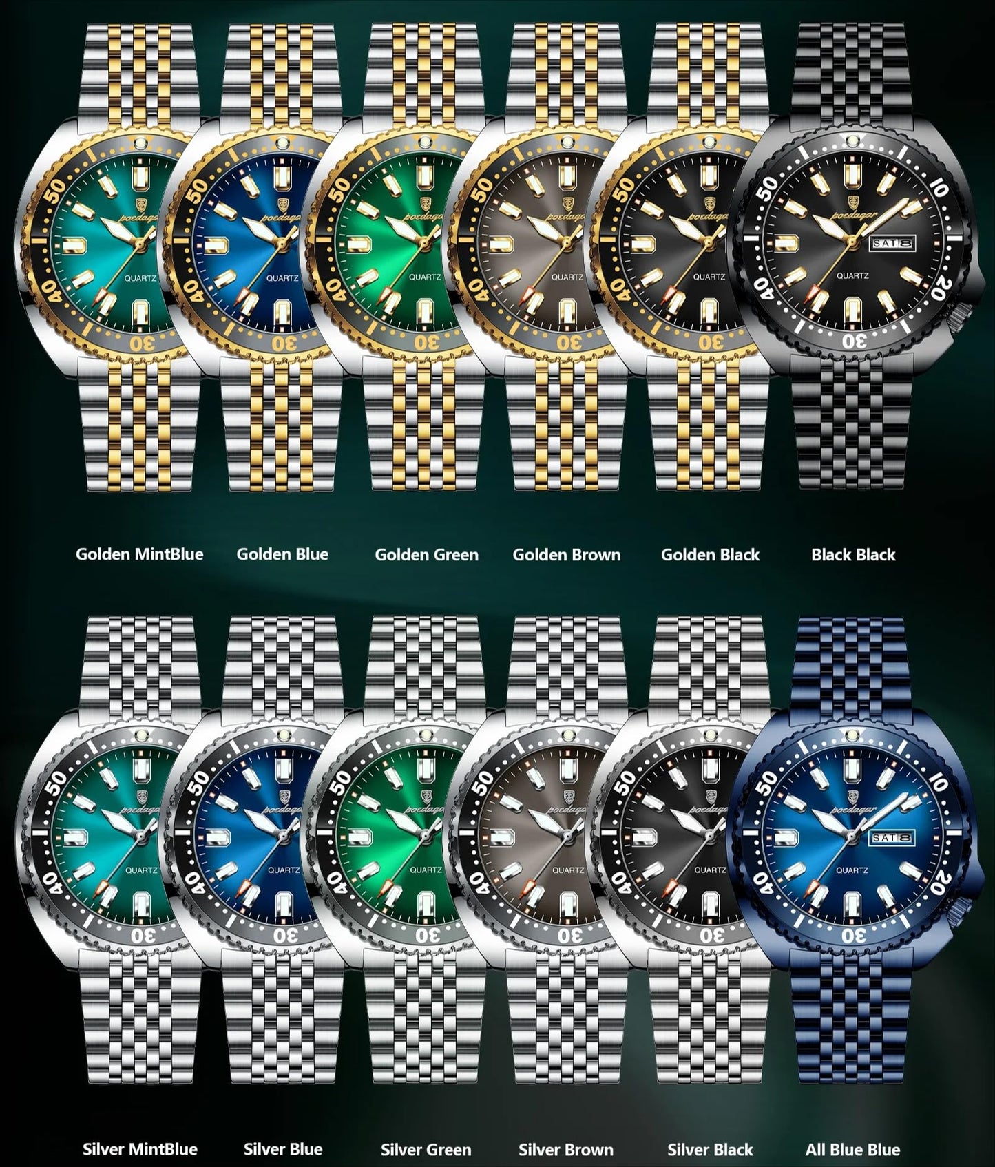 Poedagar Business Men Watch Date Week Waterproof Luminous Luxury Man Wristwatch Sports Stainless Steel Men's Fashion Quartz Watches Male (Silver Green)