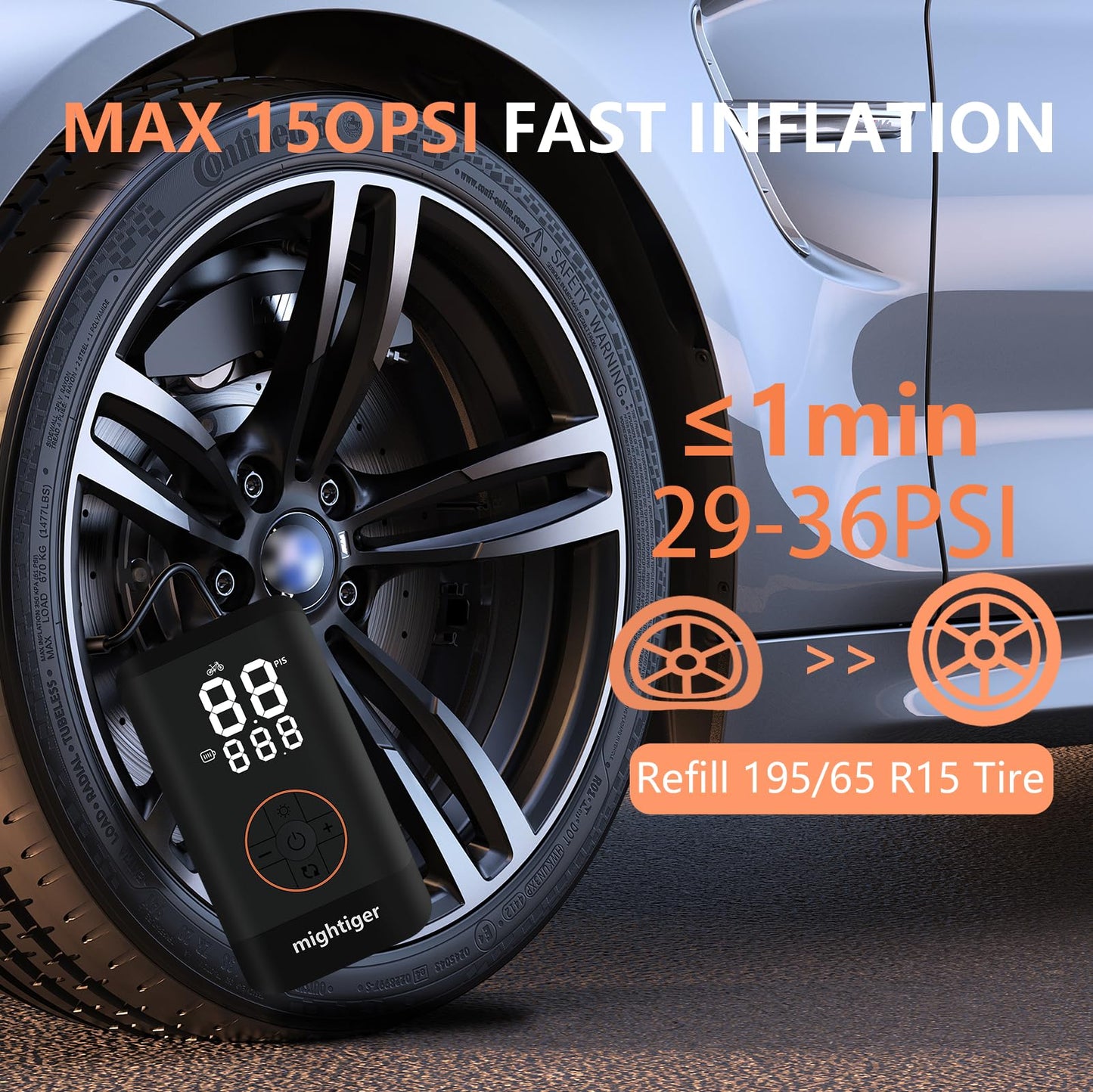 MIGHTIGER Tire Inflator Portable Air Compressor Cordless Mini Air Pump with Digital Pressure Gauge 150PSI 12V DC/110V AC and Auto Shutoff SOS Light Tires Pump for Cars Motorcycles Bikes Balls