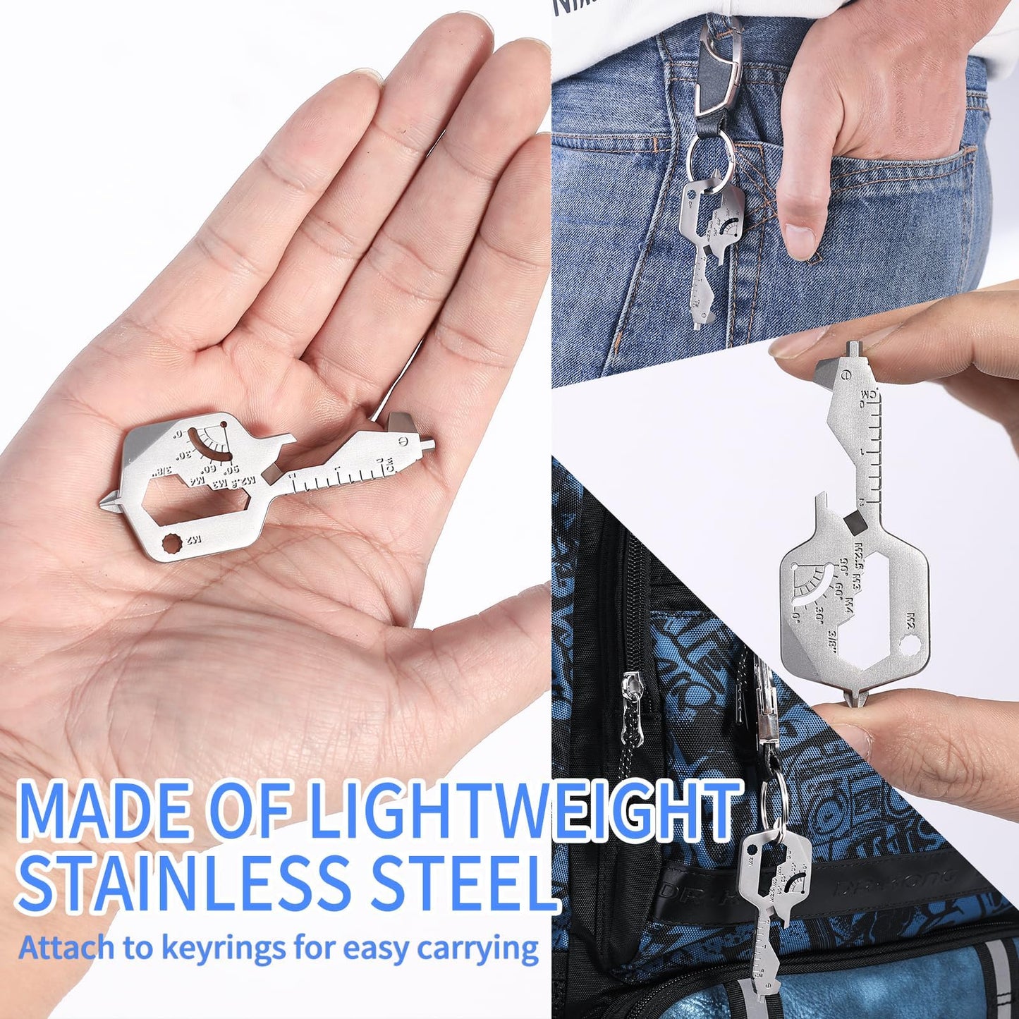 Groninog 20 IN 1 Key Shaped Multitools, Key Shaped Pocket Tool, Stainless Steel Utility Gadget, Gift for Men, Everyday Carry, Automotive, Home Improvement, Bottle Opener, Screw Driver, Silver, 1 Pcs