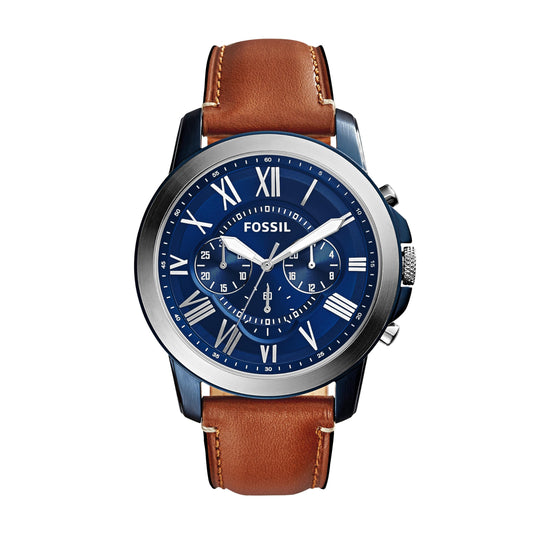 Fossil Men's Grant 44mm Quartz Stainless Steel and Leather Chronograph Watch for Men, Color: Silver/Blue, Luggage (Model: FS5151)