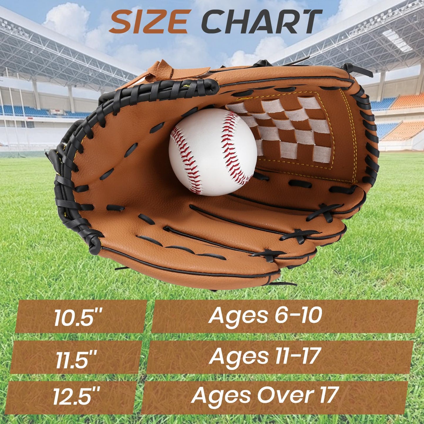 HolyElks Baseball Glove + Ball Sets, Softball Glove, Baseball Mitt, 10.5''-12.5'' for Youth Adult Training and Beginner Play, Synthetic Leather Softball Mitt, Right Hand Throw (Brown, 10.5")