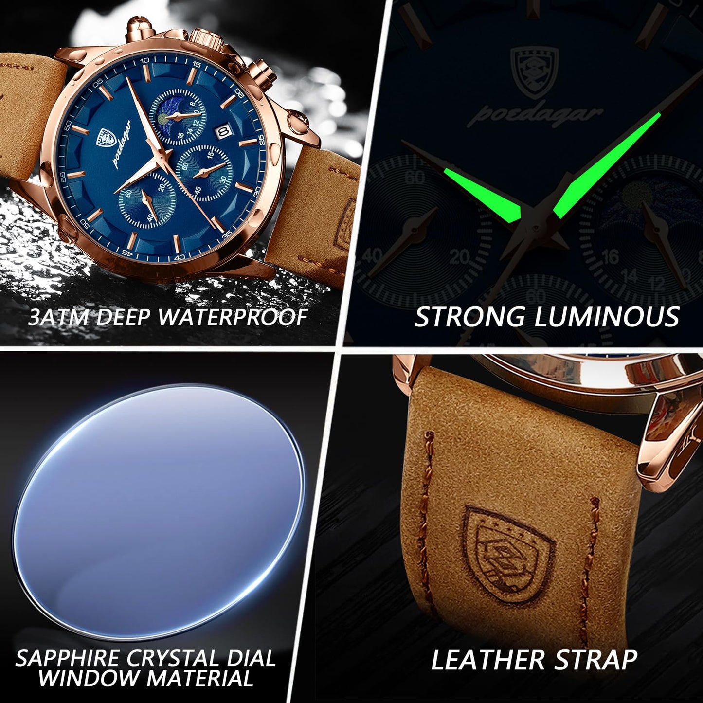 Poedagar Sports Classic Men Quartz Watch Waterproof Chronograph Luminous Date Fashion Man Wristwatch Business Leather Men's Watches Clock (Silver Blue)