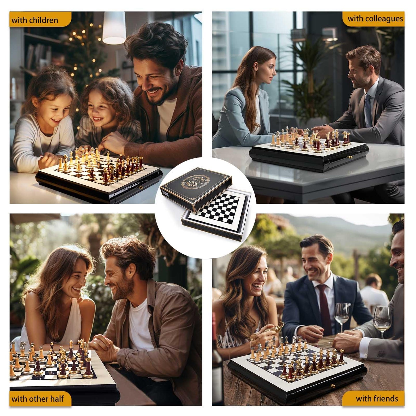 AMEROUS 16 Inches Wooden Chess Set, Large Size Board with 2 Built-in Storage Drawers - 2 Extra Queens - Metallic & Wooden Chess Pieces - Gift Packaging, Board Games for Adults and Kids