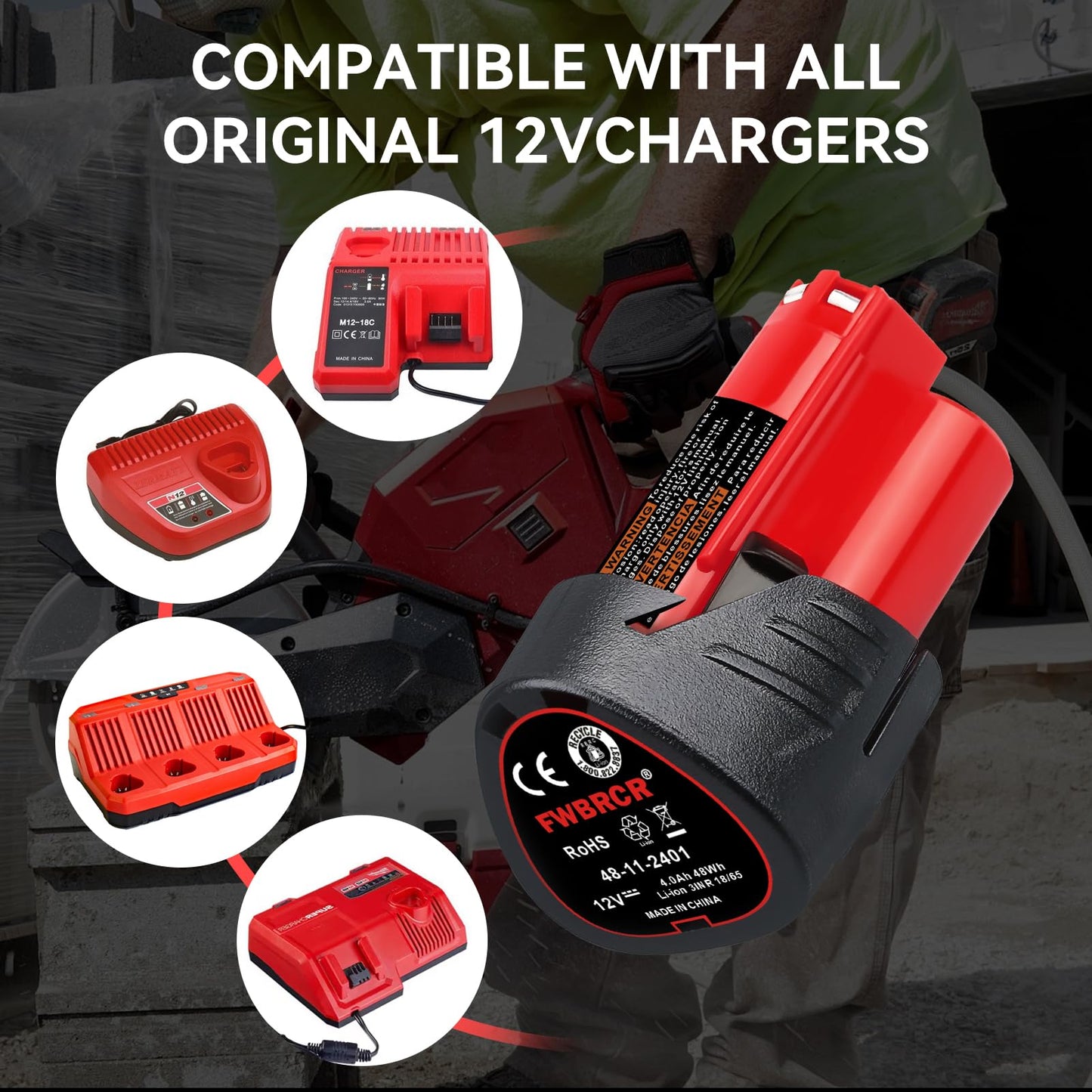 FWBRCR New Upgraded 12V 4.0Ah Replacement for Milwaukee Battery Compatible with Milwaukee 12V Batteries 4000mAh Power Tools 2 Pack