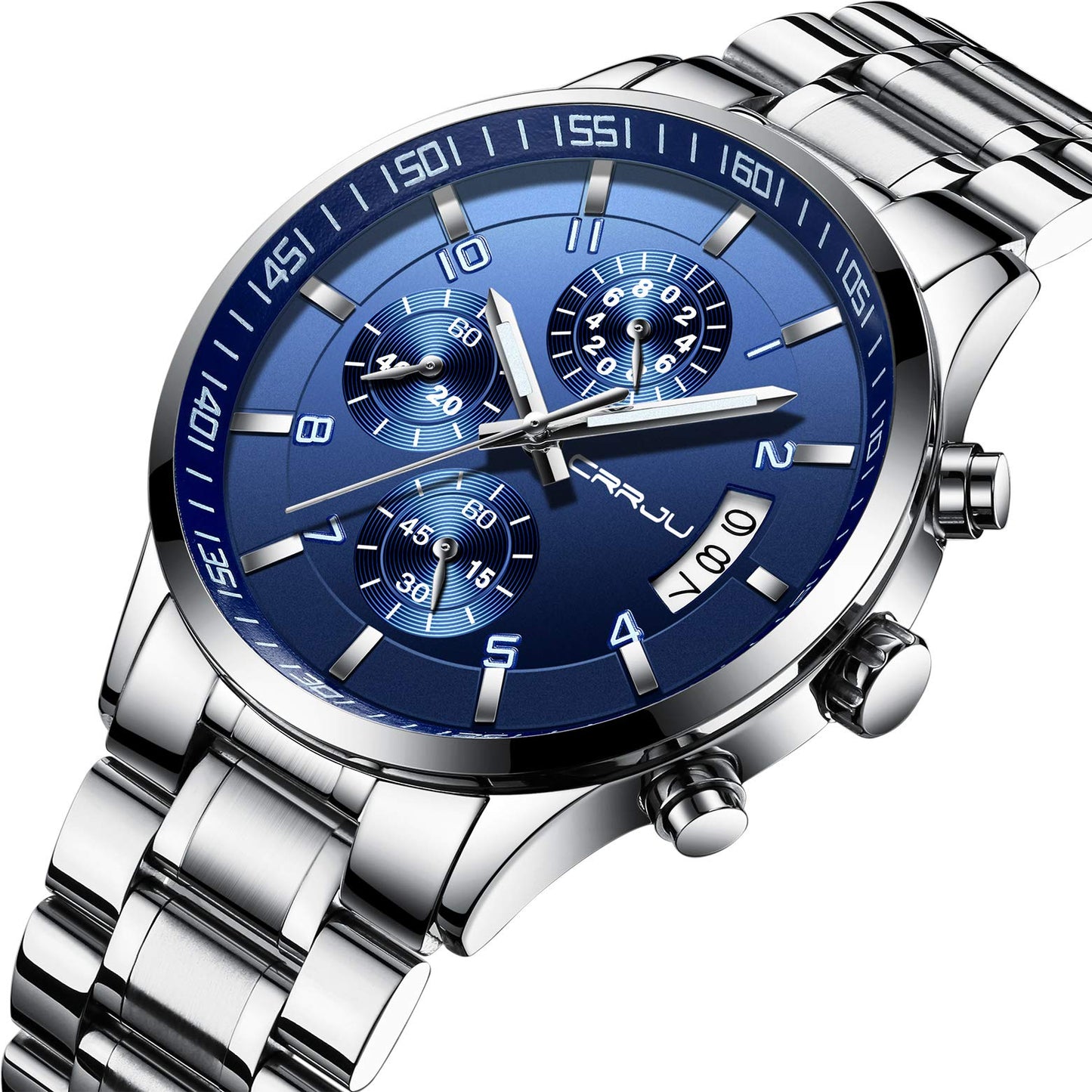 CRRJU Men's Luxury Wristwatches,Fashion Stainsteel Steel Waterproof Date Quartz Watch for Men Six-pin Chronograph Watch (Silver Blue)