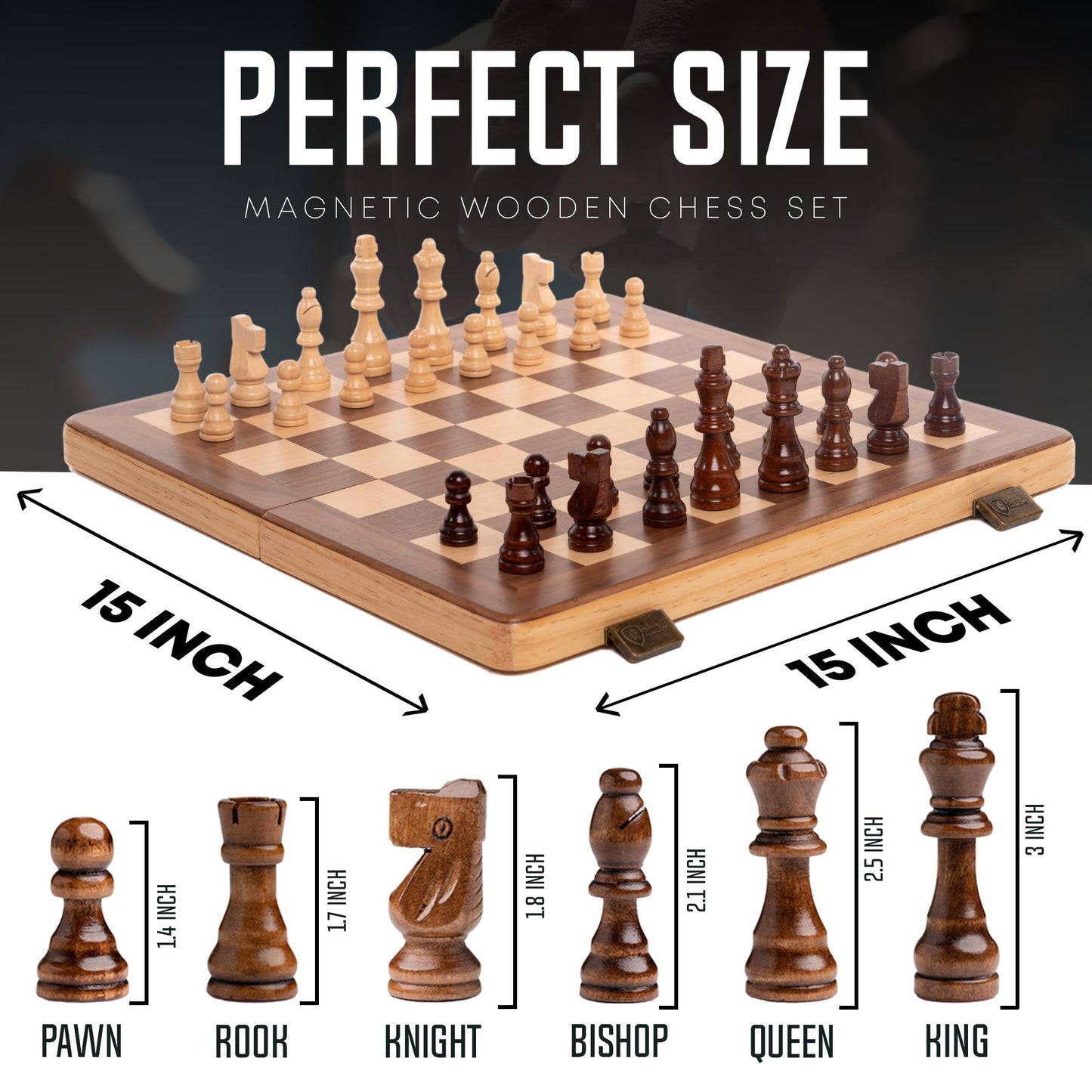 15 Inch Magnetic Wooden Chess Set for Adults & Kids - Folding Travel Chess Board with Handcrafted Staunton Pieces, Extra Queens, and Storage Slots