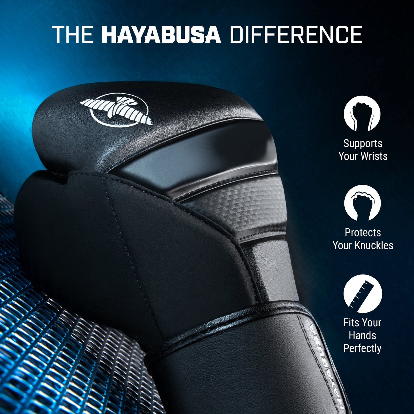 Hayabusa T3 Boxing Gloves for Men and Women Wrist and Knuckle Protection, Dual-X Hook and Loop Closure, Splinted Wrist Support, 5 Layer Foam Knuckle Padding - Black, 16 oz
