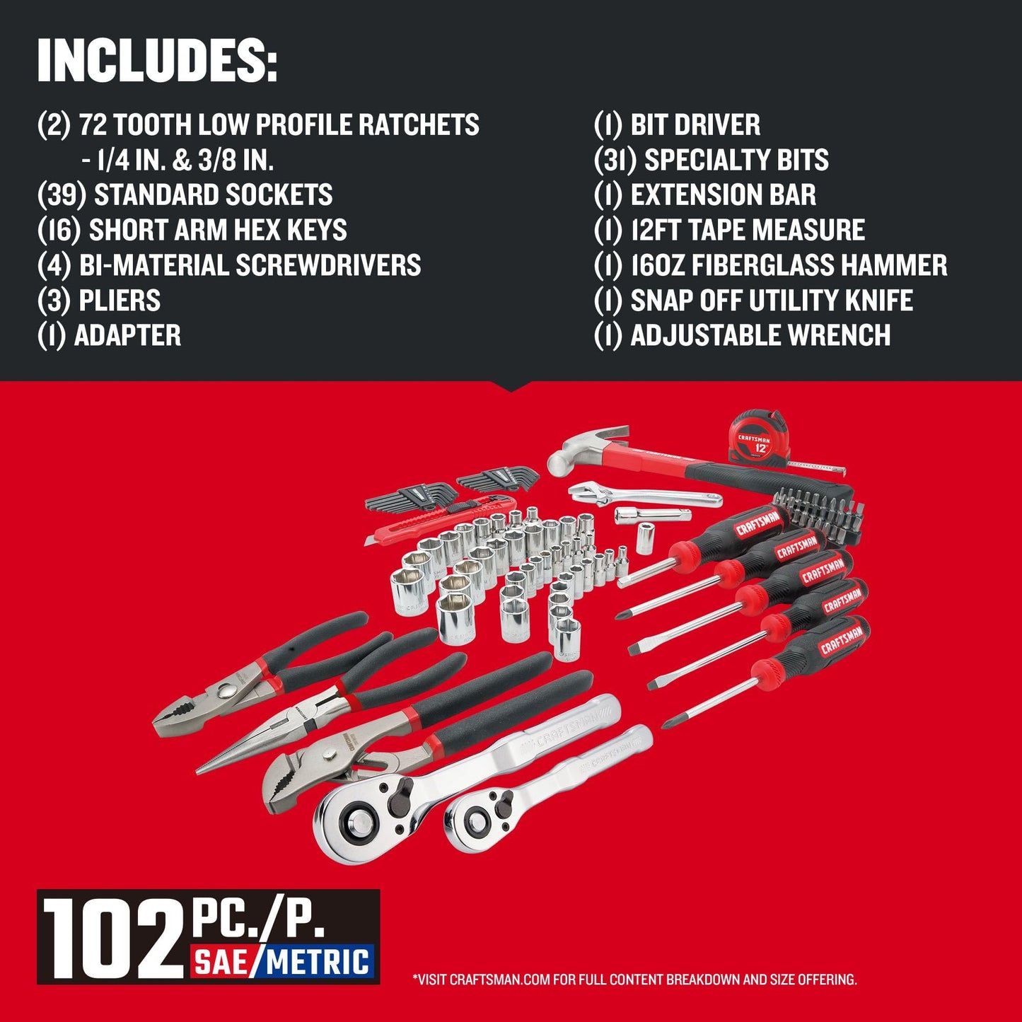 CRAFTSMAN 102-Piece Tool Kit for Home and Car, Durable Hand Tool Set with SAE/Metric Sockets (CMMT99449)