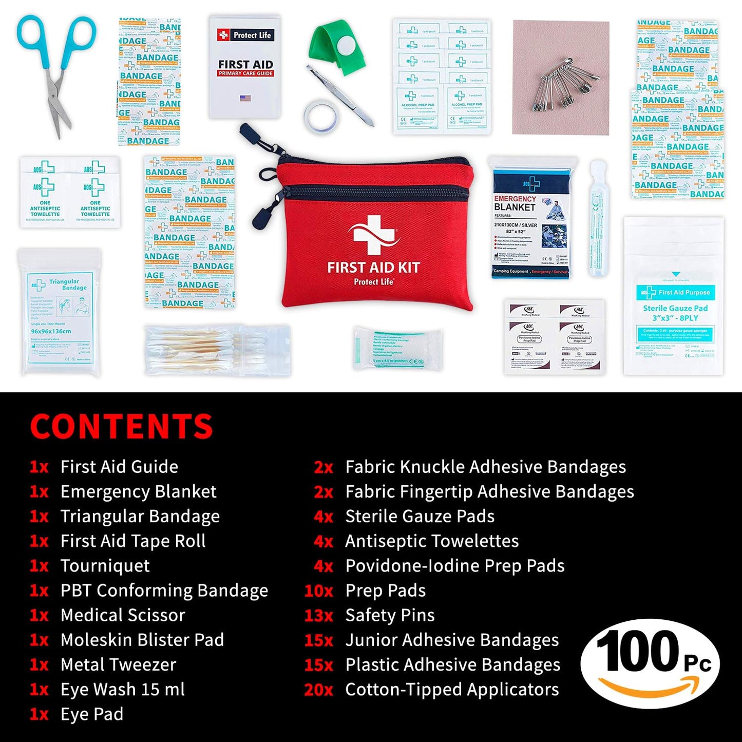 Protect Life Survival First Aid Kit for Home/Business, Camping Survival Kits | Mini Travel First Aid Kit | Camping Equipment | Small Kits for Car | Outdoor Emergency Survivals Pack - 100pcs