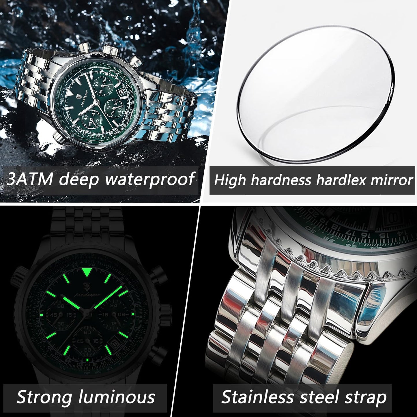 Poedagar Men Fashion Big Dial Military Quartz Watch Waterproof Luminous Date Chronograph Man's Luxury Quartz Watches Sport Stainless Steel Wristwatches