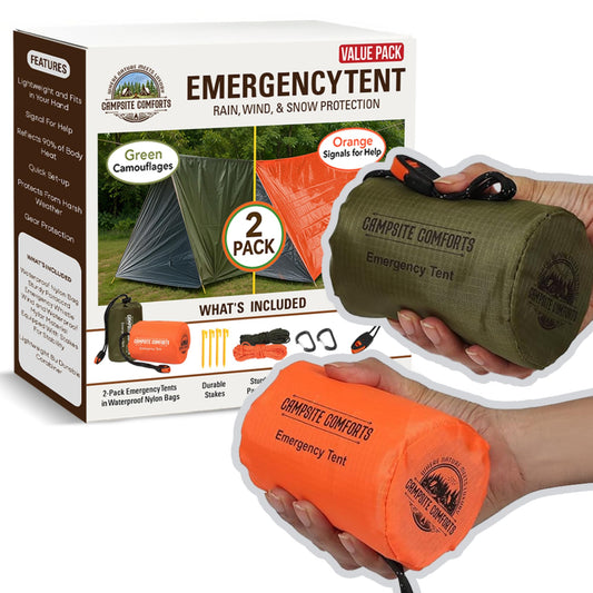 2 Pack Survival Tent with Stakes & Paracord - Each Life Tent Shelters 2 People - Mylar Bivy with Whistle & Carabiner - Waterproof Emergency Shelter – Compact Backpacking & Bushcraft Gear