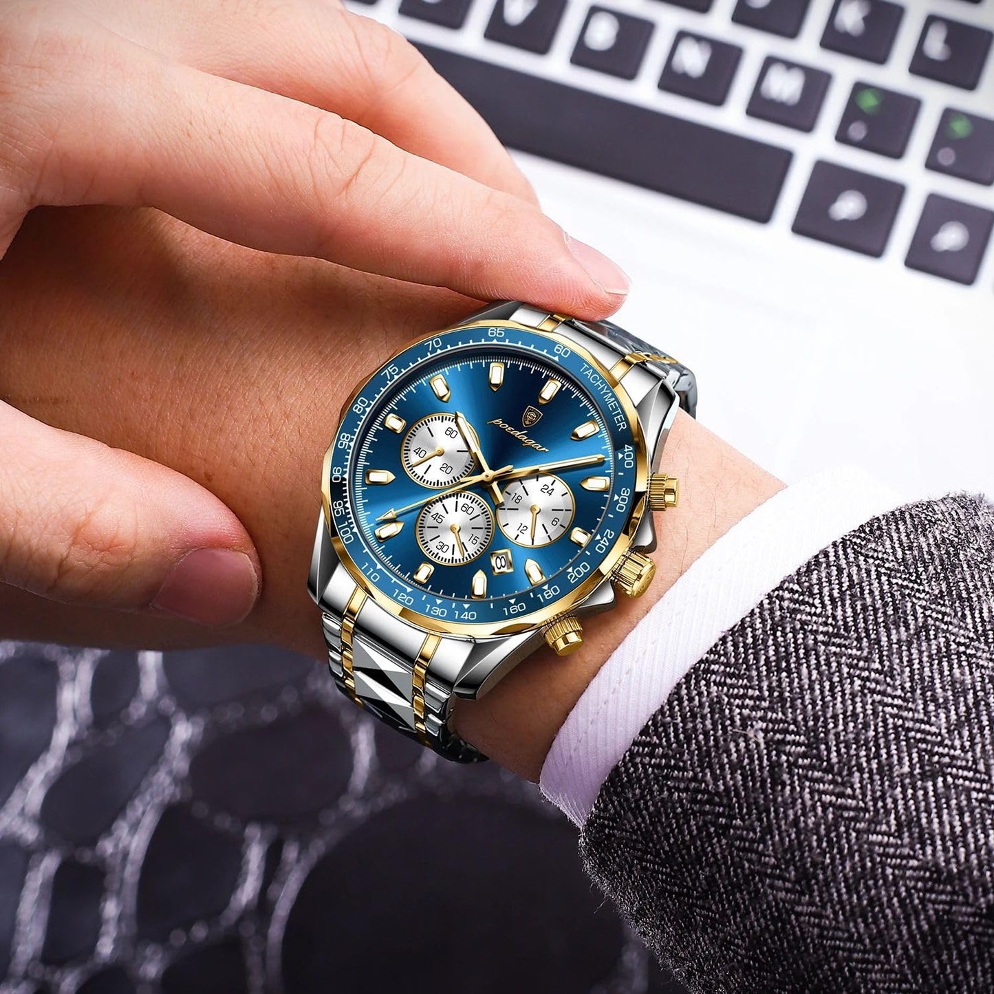 Poedagar Fashion Men's Luxury Watches Waterproof Luminous Date Chronograph Watch for Man Stainless Steel Sports Quartz Men Watch (Golden Black)