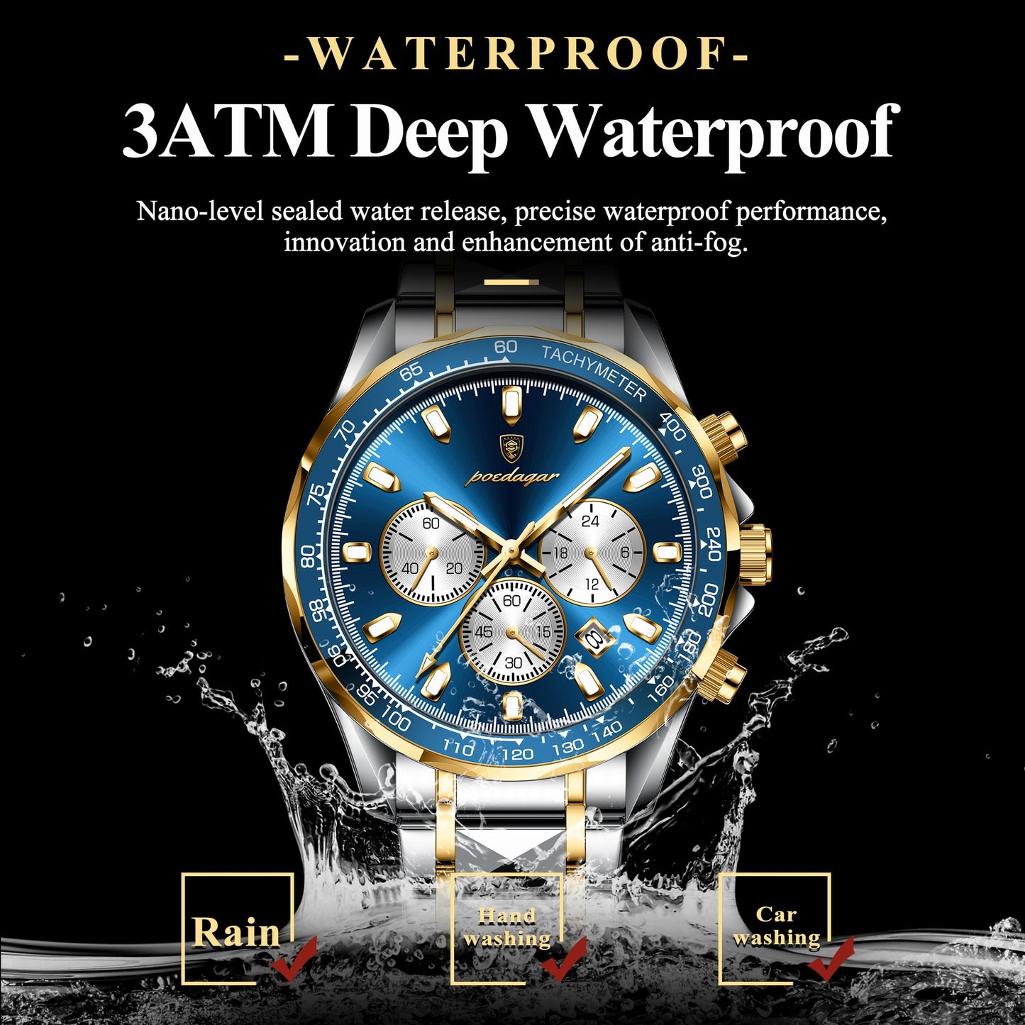 Poedagar Fashion Men's Luxury Watches Waterproof Luminous Date Chronograph Watch for Man Stainless Steel Sports Quartz Men Watch (Golden Black)
