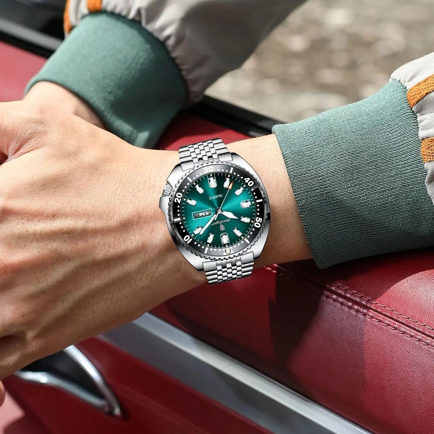 Poedagar Business Men Watch Date Week Waterproof Luminous Luxury Man Wristwatch Sports Stainless Steel Men's Fashion Quartz Watches Male (Silver Green)
