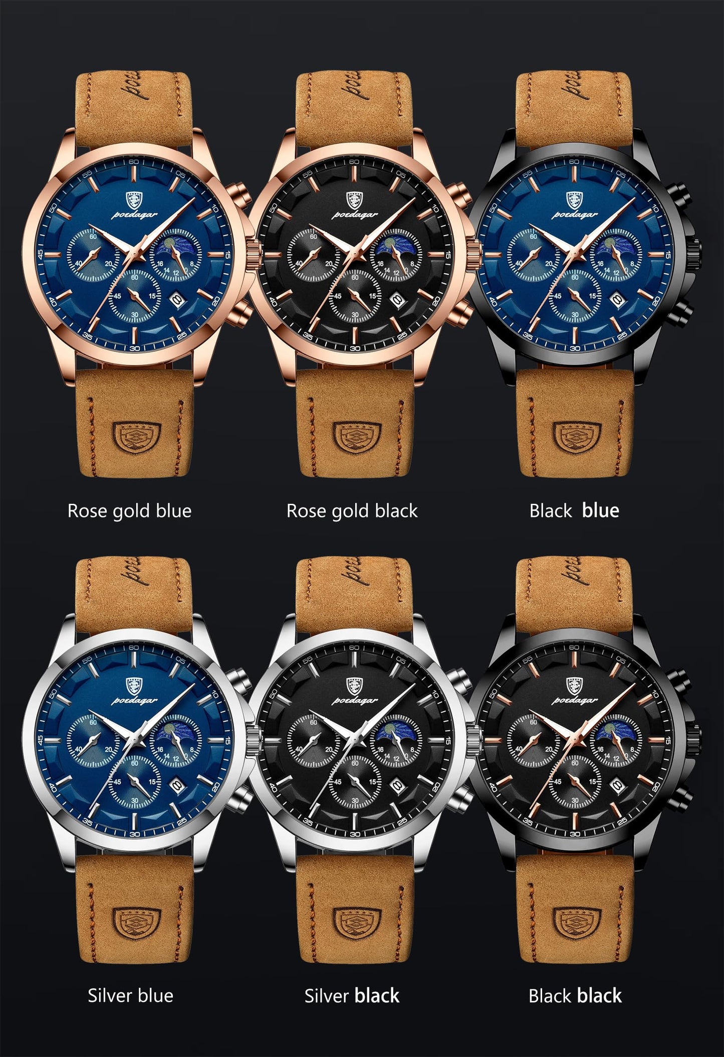Poedagar Sports Classic Men Quartz Watch Waterproof Chronograph Luminous Date Fashion Man Wristwatch Business Leather Men's Watches Clock (Silver Blue)