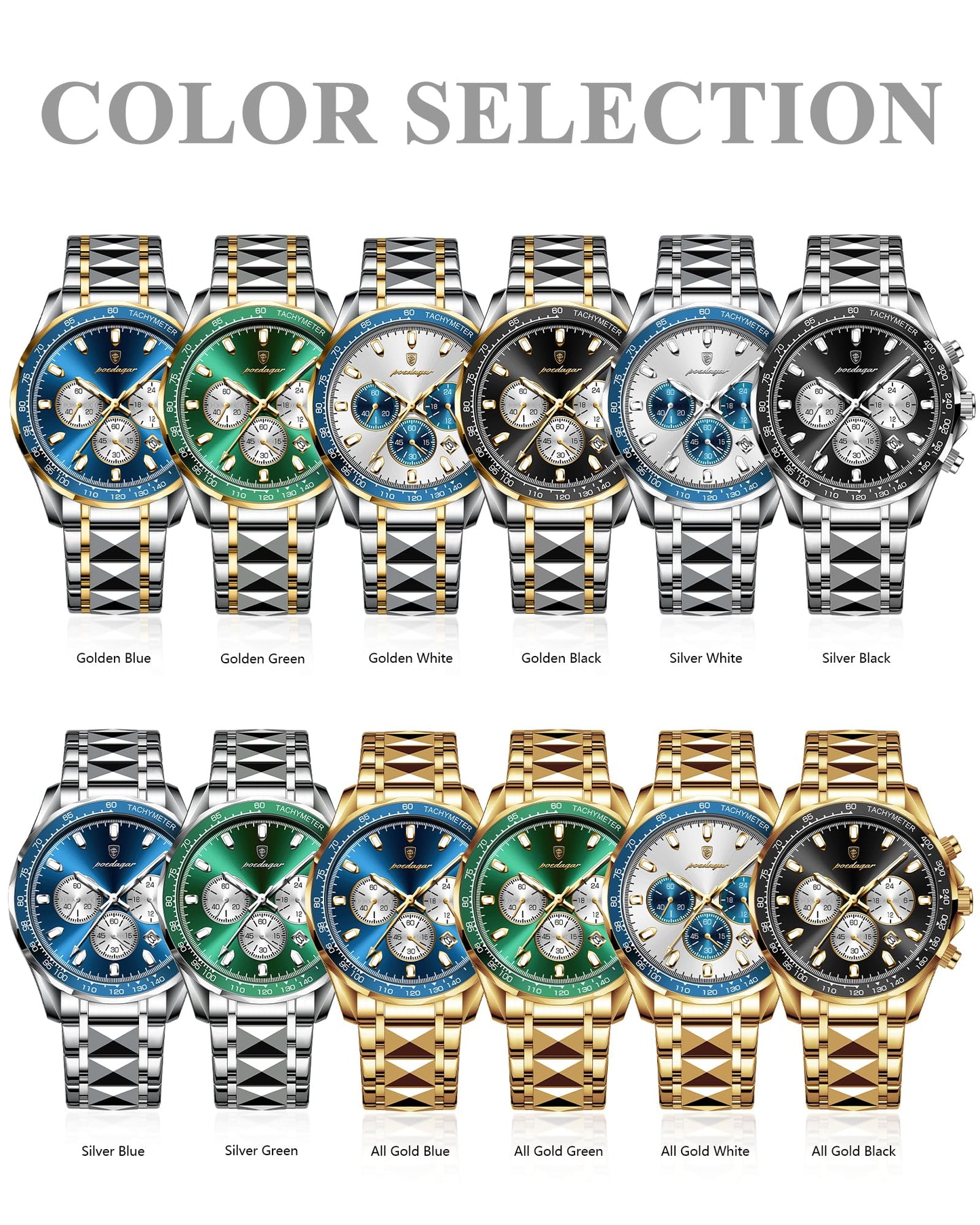 Poedagar Fashion Men's Luxury Watches Waterproof Luminous Date Chronograph Watch for Man Stainless Steel Sports Quartz Men Watch (Golden Black)